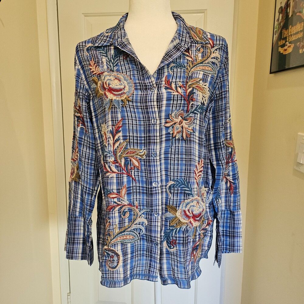 NWT Johnny Was Plaid Womens Shirt S Button Down Floral Embroidered 100% Silk - Picture 4 of 6